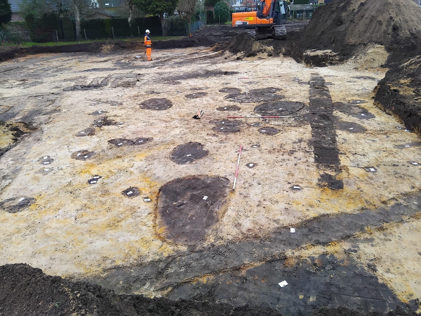 De kleinere donkere ronde verkleuringen markeren de locaties van de ingegraven palen van een boerderij of schuur. 